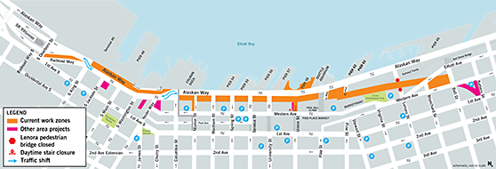Map of current construction along the Seattle waterfront