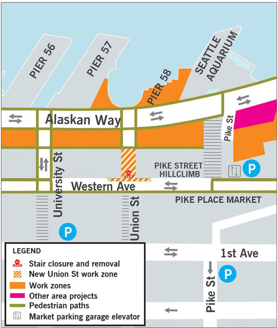 Map of current construction along the Seattle waterfront